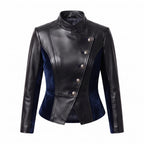 Women's Black Leather Blue Velvet Asymmetrical Military Jacket – Gothic Victorian Blazer