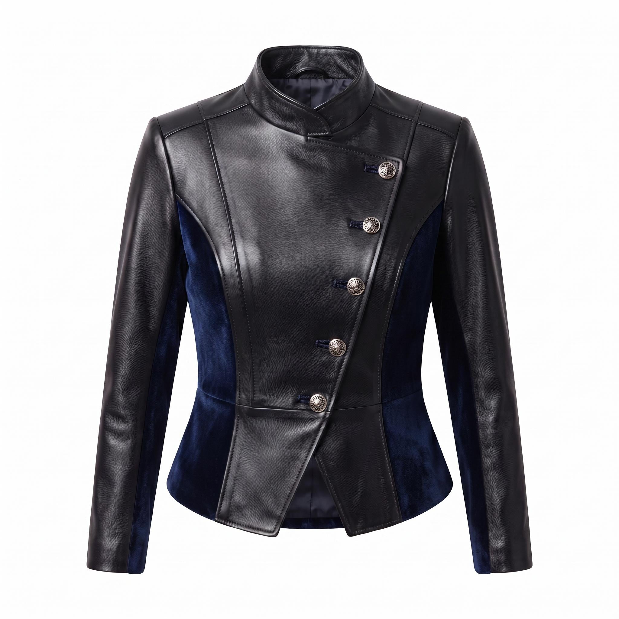 Women's Black Leather Blue Velvet Asymmetrical Military Jacket – Gothic Victorian Blazer
