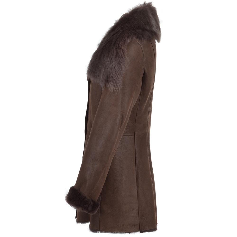 Women's Brown Shearling Leather Jacket, Faux Fur Collar Winter Coat