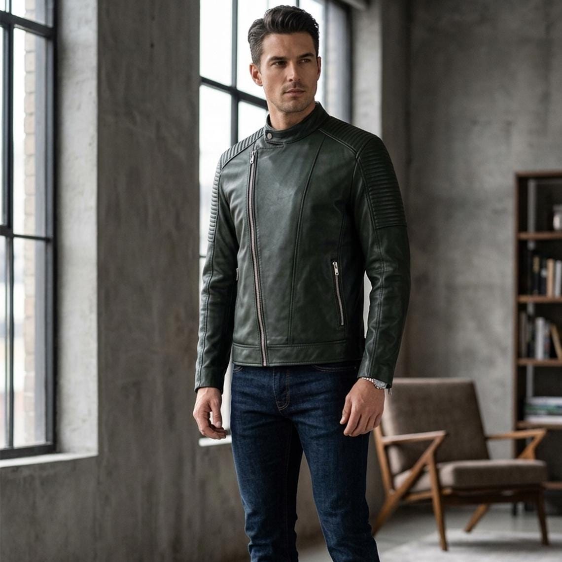 Classic men’s leather biker jacket | slim fit | minimalist moto rider Jacket - Timber AND Hide