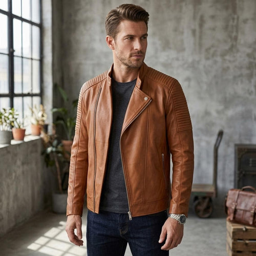 Classic men’s leather biker jacket | slim fit | minimalist moto rider Jacket - Timber AND Hide