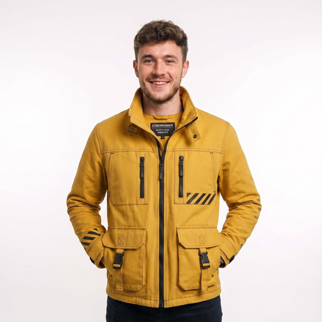 Cyberpunk Yellow Cotton Jacket | Men's Techwear Streetwear, Futuristic High-Collar Coat - Timber AND Hide