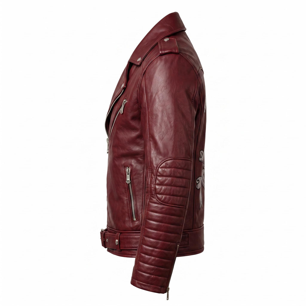 Motorhead Inspired Leather Biker Jacket | Skull Printed Leather Jacket | Men's Burgundy Leather Motorcycle Jacket
