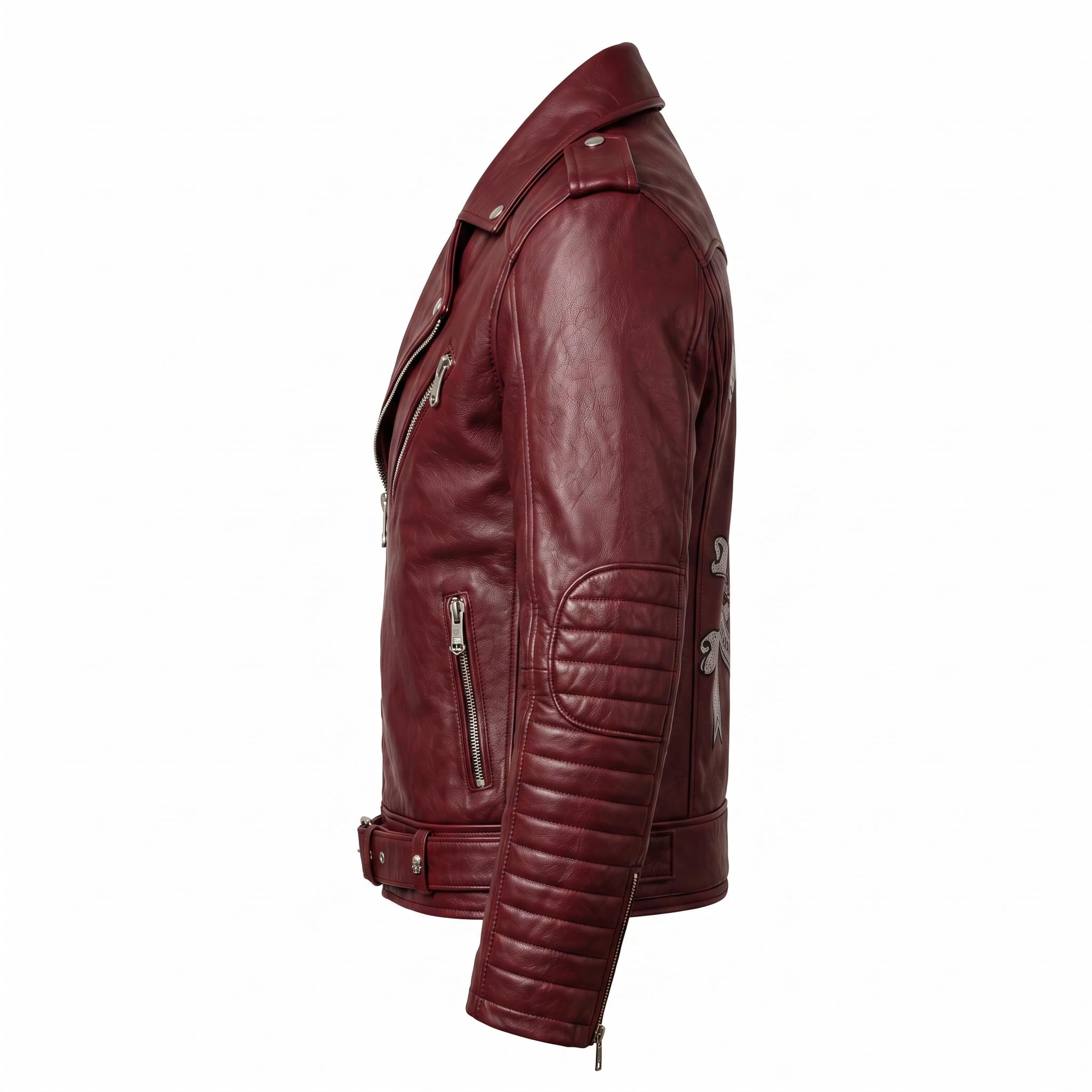 Motorhead Inspired Leather Biker Jacket | Skull Printed Leather Jacket | Men's Burgundy Leather Motorcycle Jacket