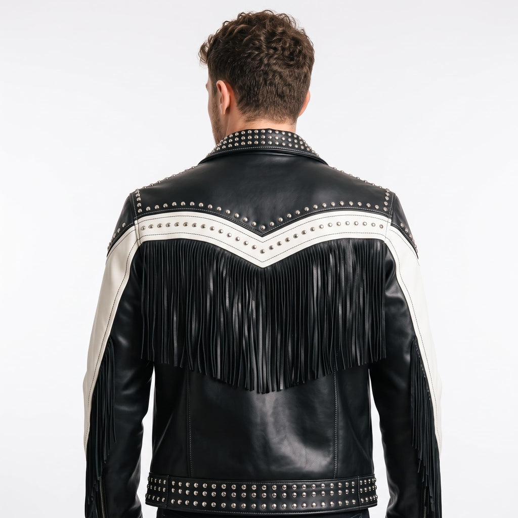 Man's Handmade Western Fringe Leather Jacket | Studded Cowboy Biker Coat