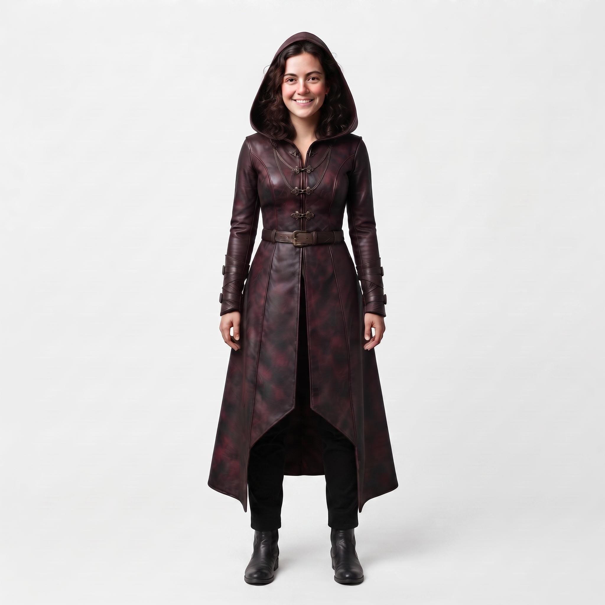 Women's Oxblood Leather Hooded Coat | Hand-Dyed Smoky Black Patina Trench Jacket