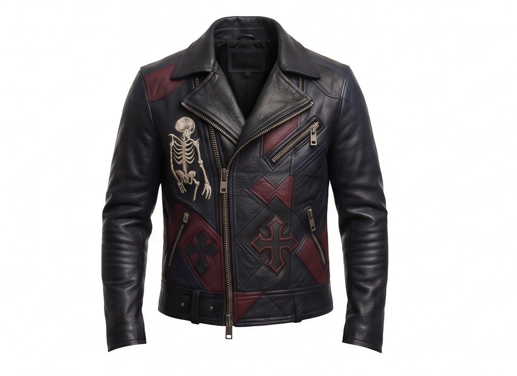 Men’s Black Leather Biker style Moto jacket with Cross Design Gothic Punk Motorcycle Style