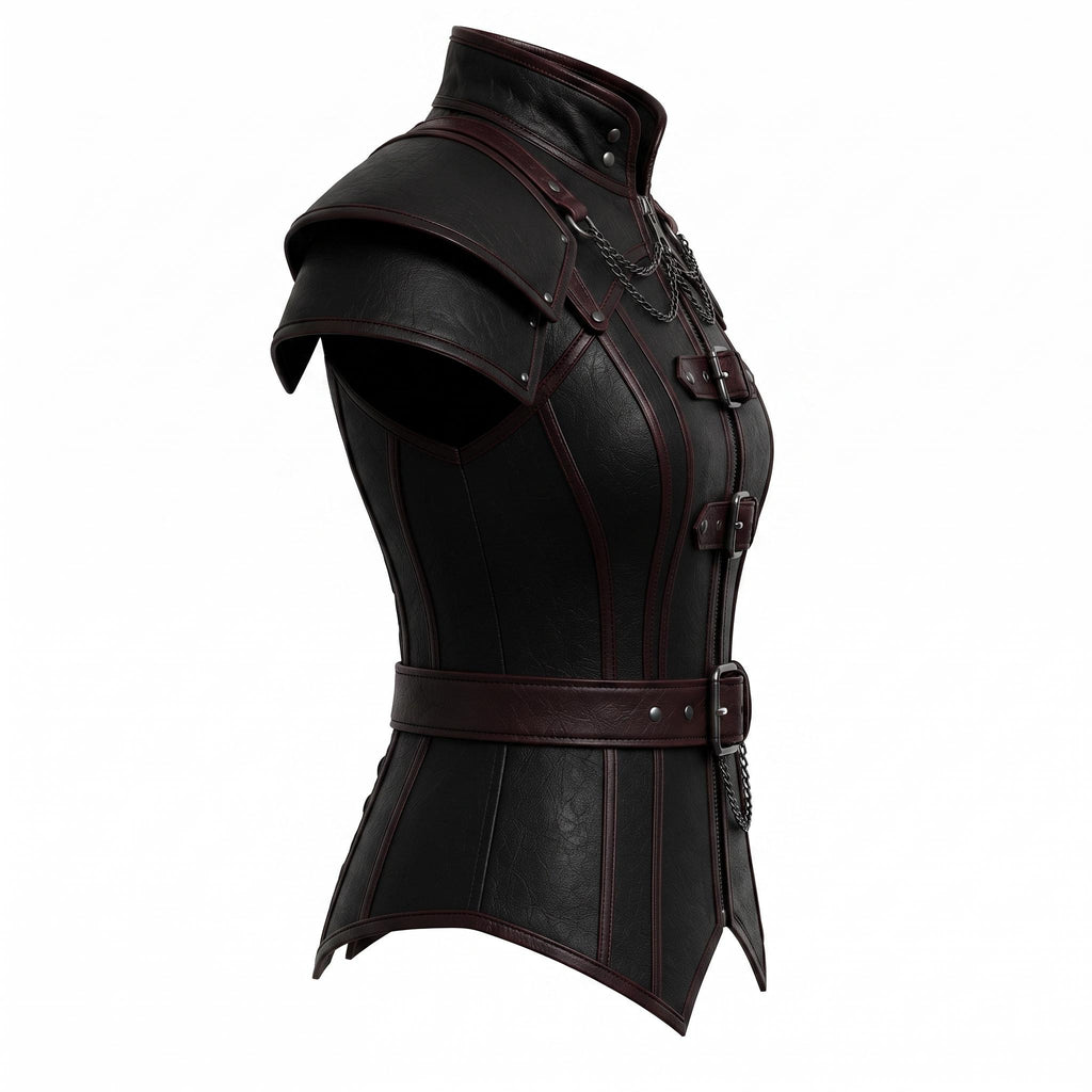 Black Faux Leather Corset Armor | Women's Gothic Burgundy Trim Bodice, Steampunk Warrior Costume Top