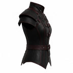 Black Faux Leather Corset Armor | Women's Gothic Burgundy Trim Bodice, Steampunk Warrior Costume Top