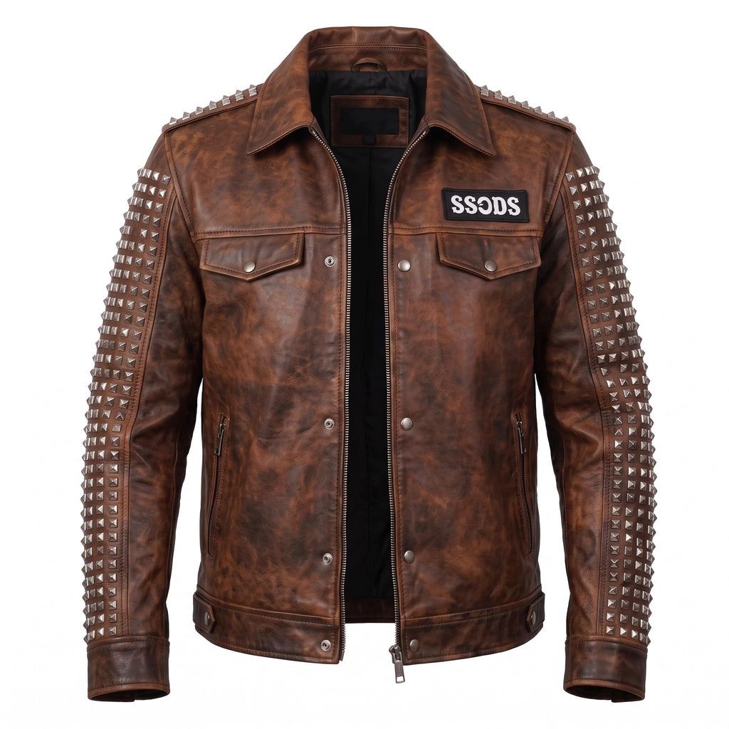 Men's Handmade Studded Leather Biker Jacket | Punk Rock Gothic Patchwork | Halloween Costume