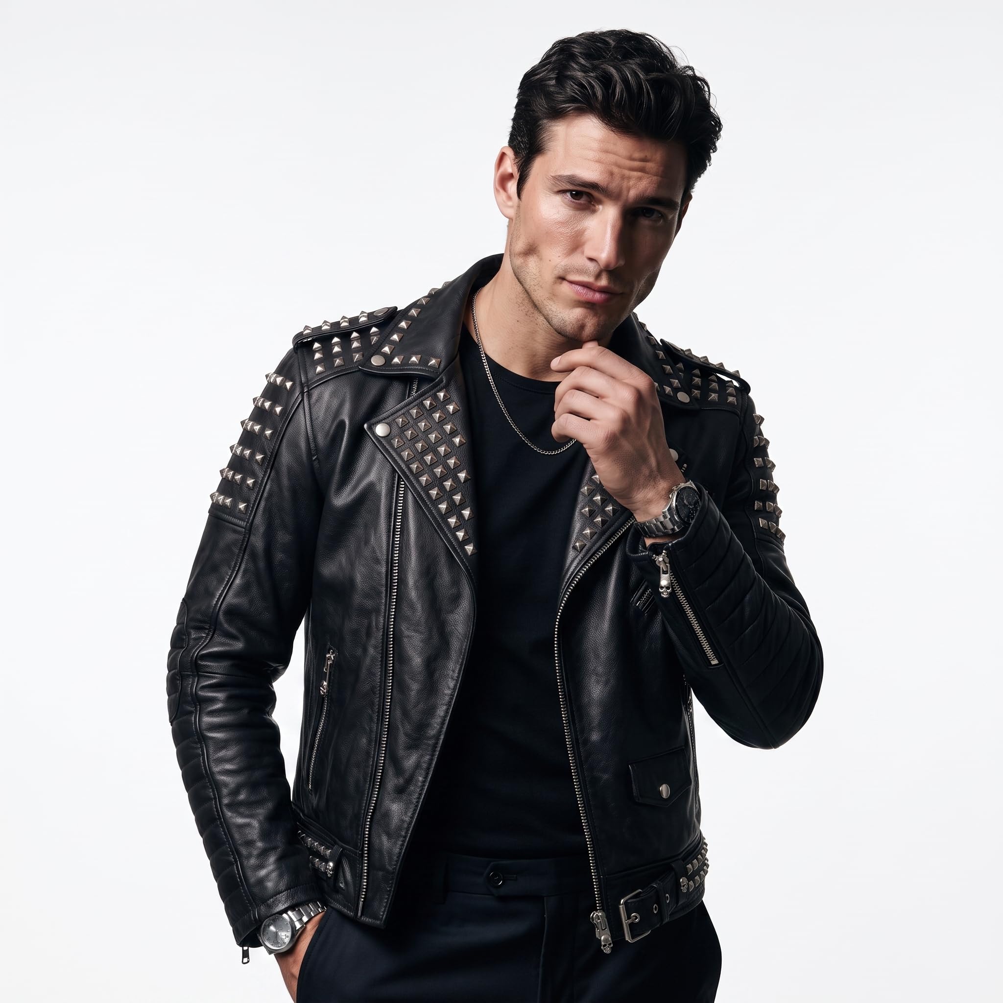 Handmade Men's Black Leather Studded Biker Jacket