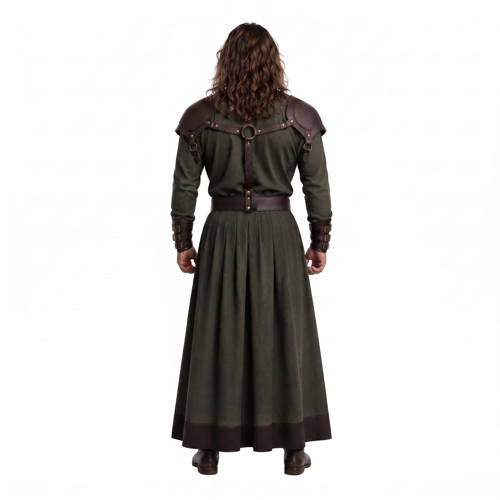 Men's Medieval Warrior Robe with Leather Shoulder Armor, Viking Tunic Costume, Fantasy Knight Garment