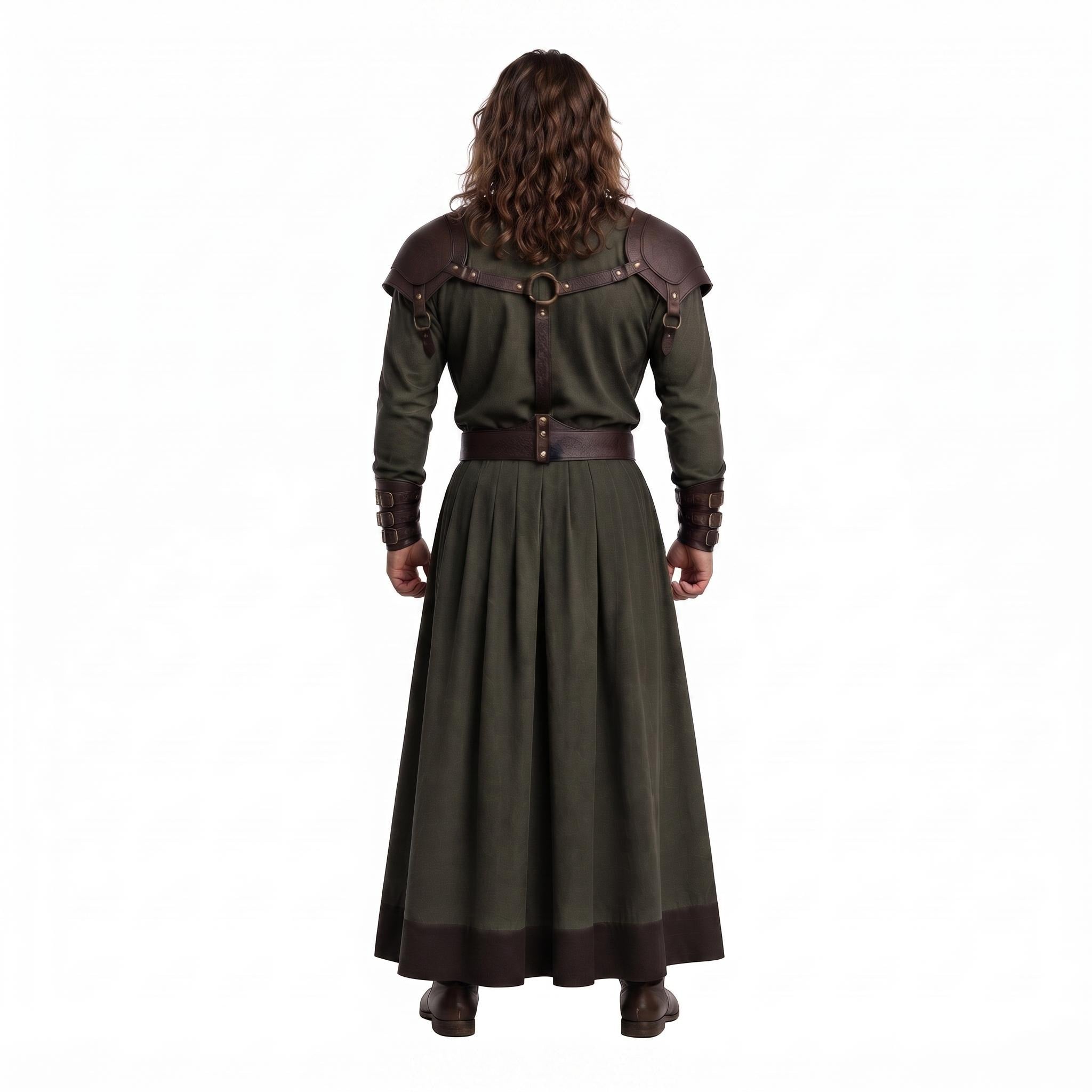Men's Medieval Warrior Robe with Leather Shoulder Armor, Viking Tunic Costume, Fantasy Knight Garment
