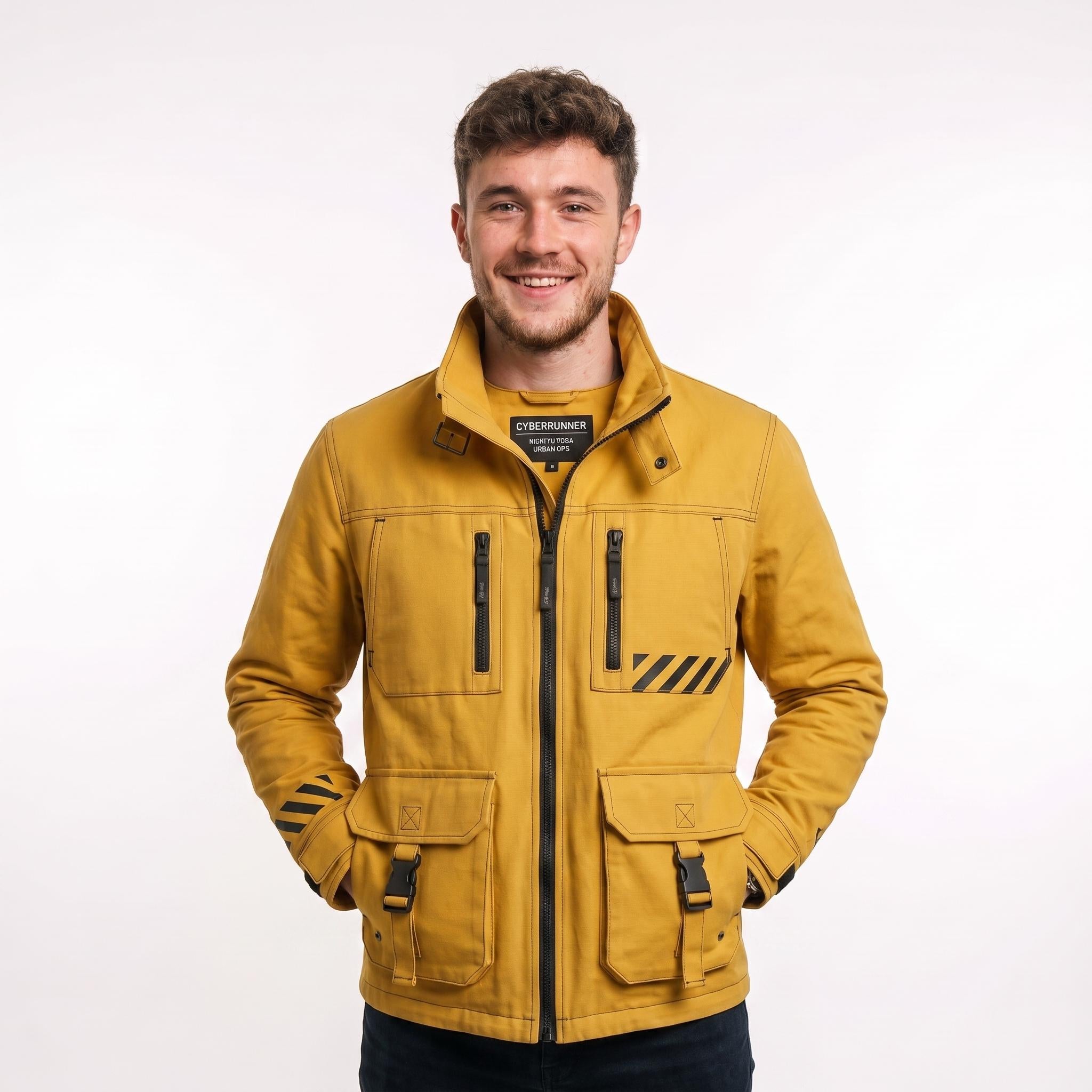 Cyberpunk Yellow Cotton Jacket | Men's Techwear Streetwear, Futuristic High-Collar Coat