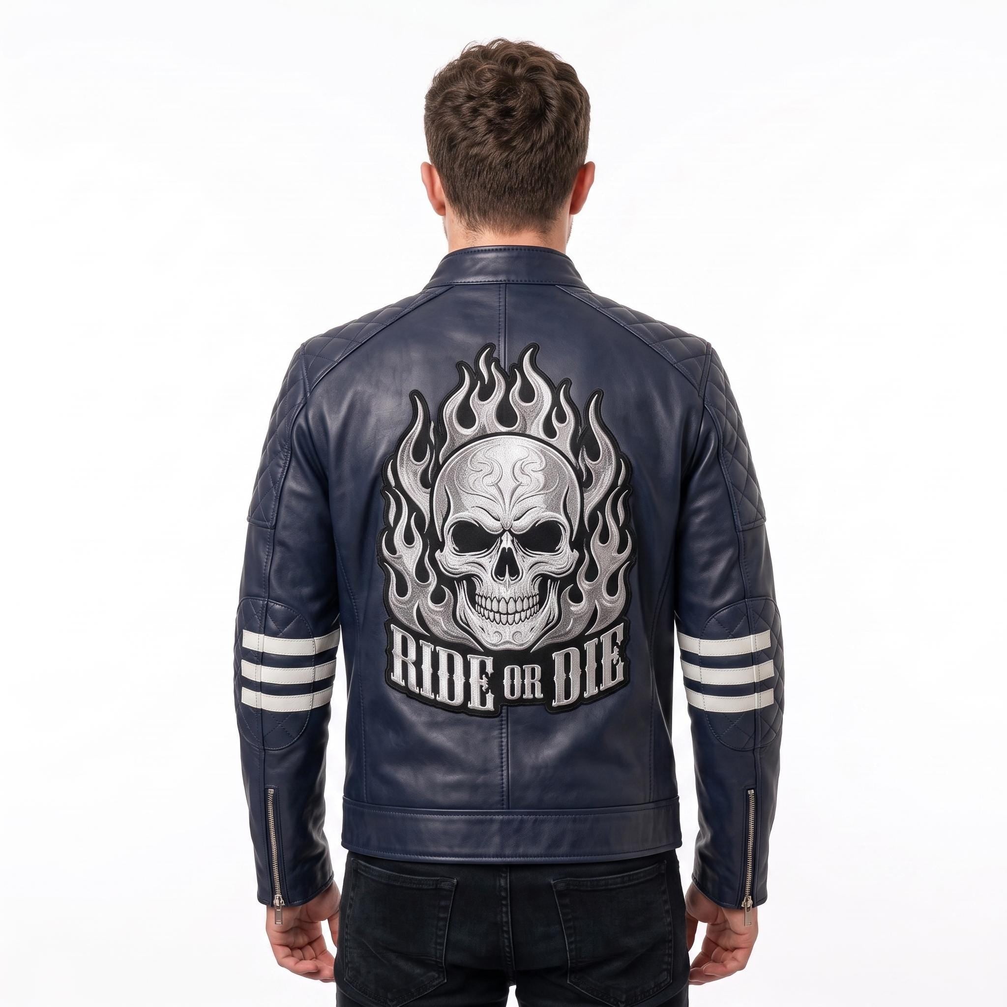 Vintage Royal Blue Leather Biker Jacket | Flaming Skull Back Graphic