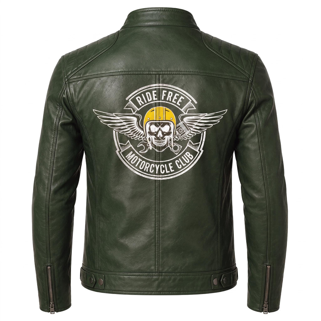 Men's Skull Motorcycle Leather Jacket, Biker Rider Coat, Gothic Punk Streetwear Green