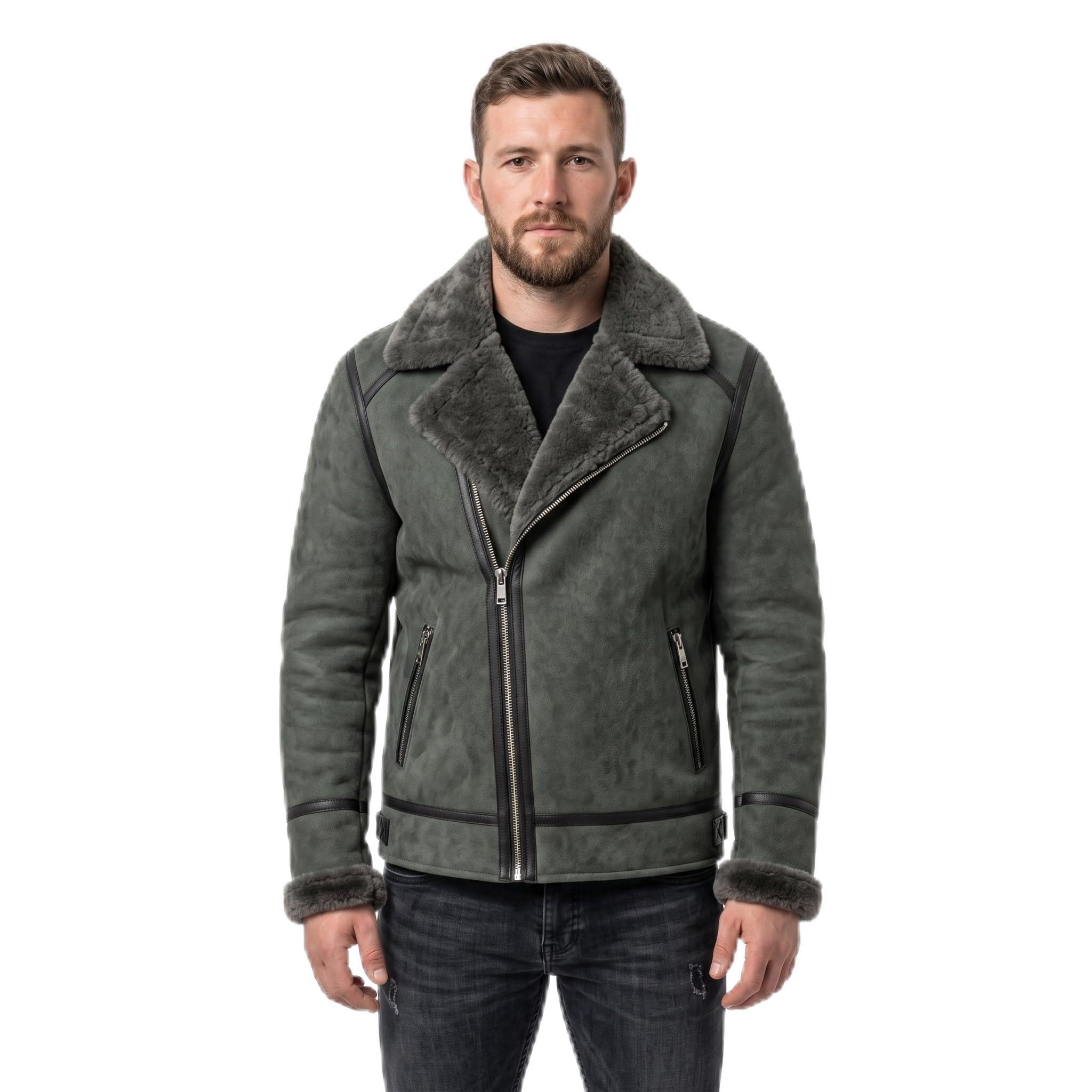 Black Suede Lamb Shearling Biker Jacket with Buckle Collar – Premium Suede Shearling Jacket