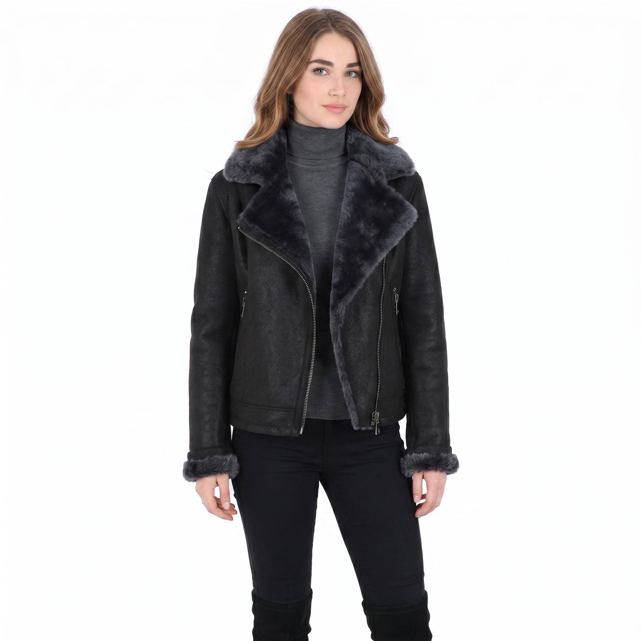 Women's Luxury Shearling Aviator Jacket Black/brissa