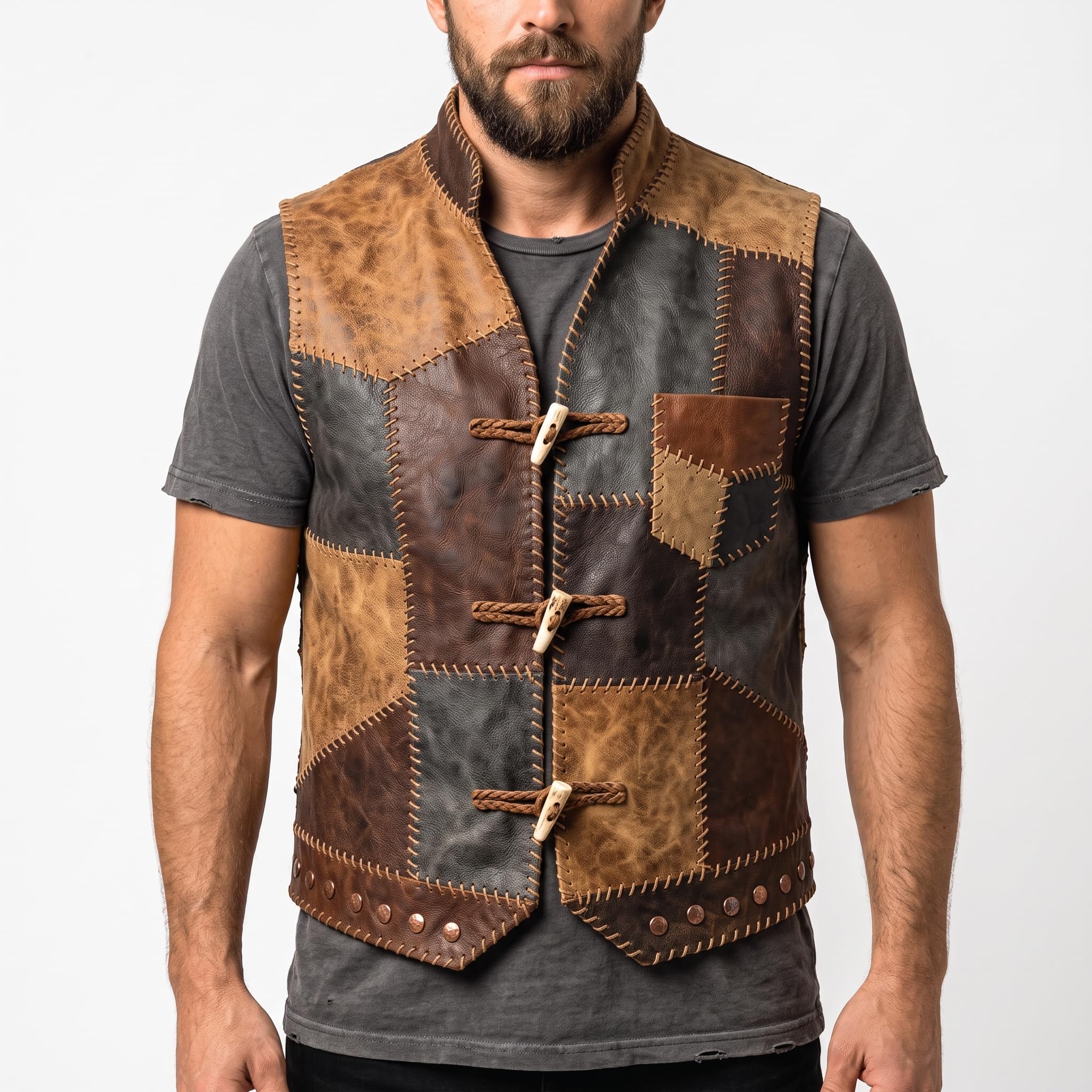 Men's Patchwork Leather Vest | Handmade Genuine Leather Vest|Vintage Patch Leather Vest|Rustic Biker Motorcycle Vest