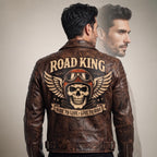 Men's Road King Vintage Leather Jacket - Winged Skull & Ride to Live Biker Design