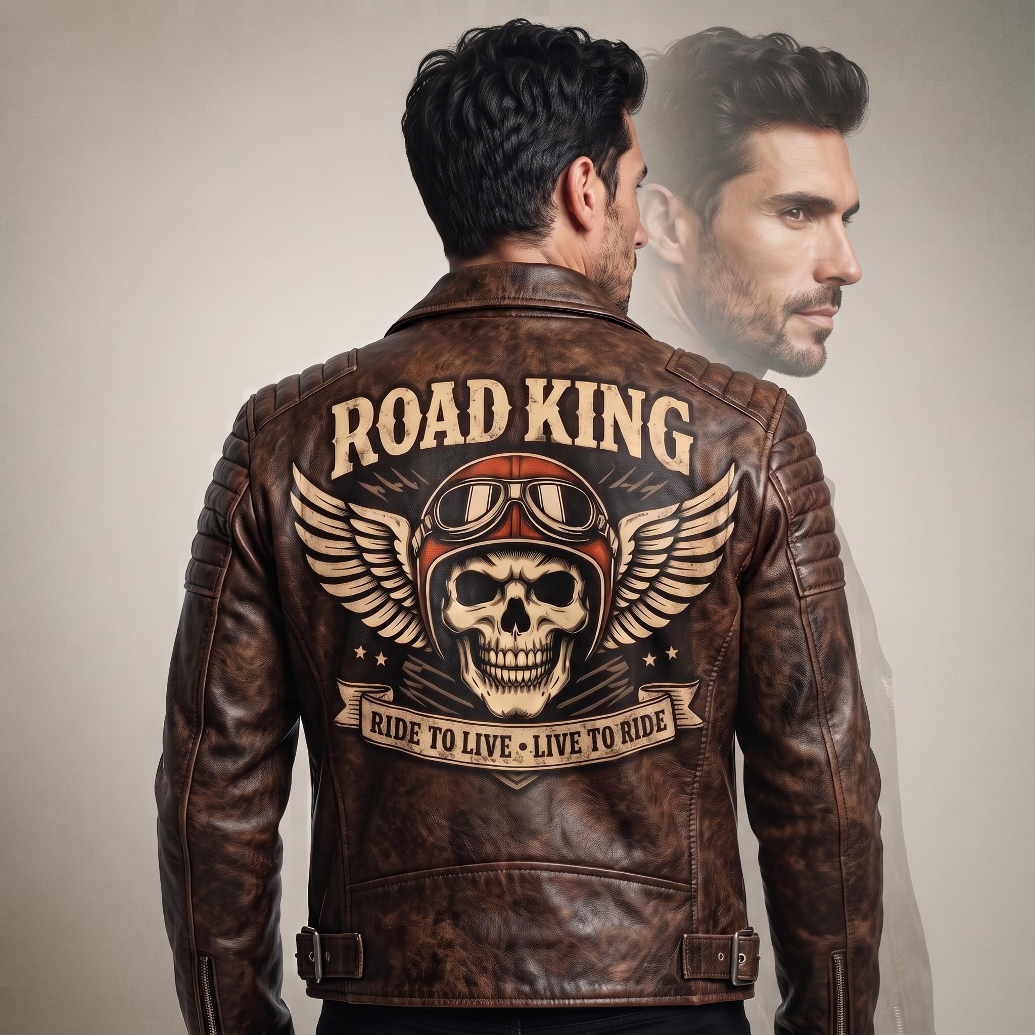 Men's Road King Vintage Leather Jacket - Winged Skull & Ride to Live Biker Design