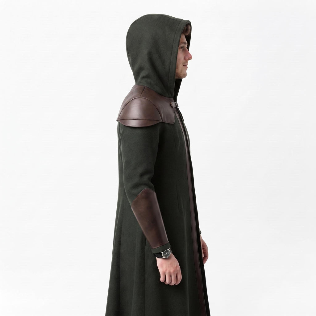 Doctor Doom Inspired Wool Coat with Leather Armor, Hooded Fantasy Cosplay Jacket - Timber AND Hide