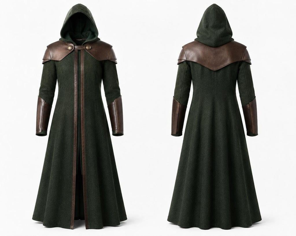 Doctor Doom Inspired Wool Coat with Leather Armor, Hooded Fantasy Cosplay Jacket - Timber AND Hide