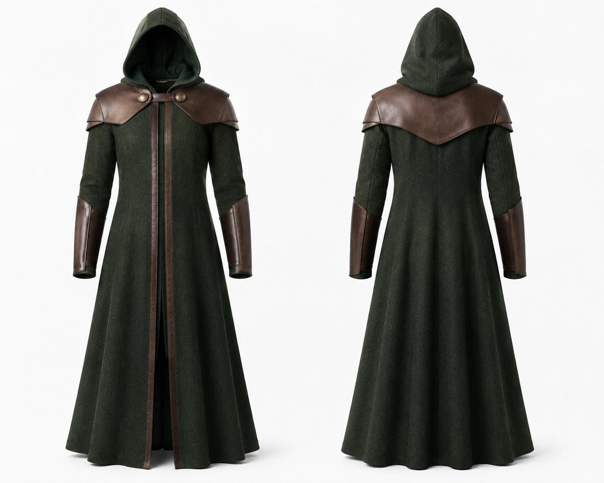 Doctor Doom Inspired Wool Coat with Leather Armor, Hooded Fantasy Cosplay Jacket - Timber AND Hide