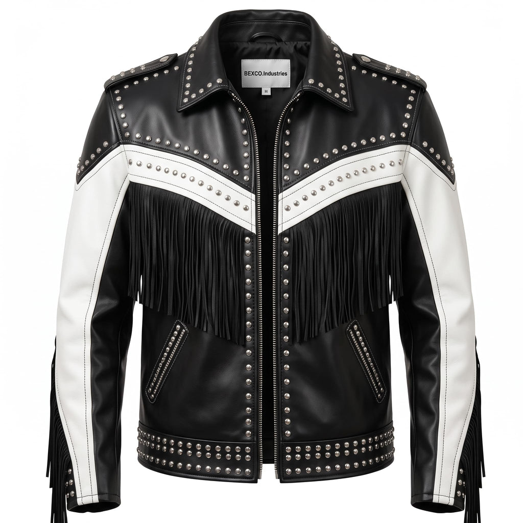 Man's Handmade Western Fringe Leather Jacket | Studded Cowboy Biker Coat