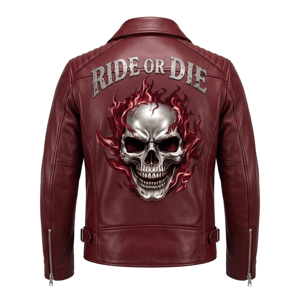 Men's Vintage Crimson Red Skull Leather Jacket | Motorcycle Jacket with Skull Back