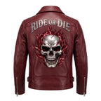 Men's Vintage Crimson Red Skull Leather Jacket | Motorcycle Jacket with Skull Back