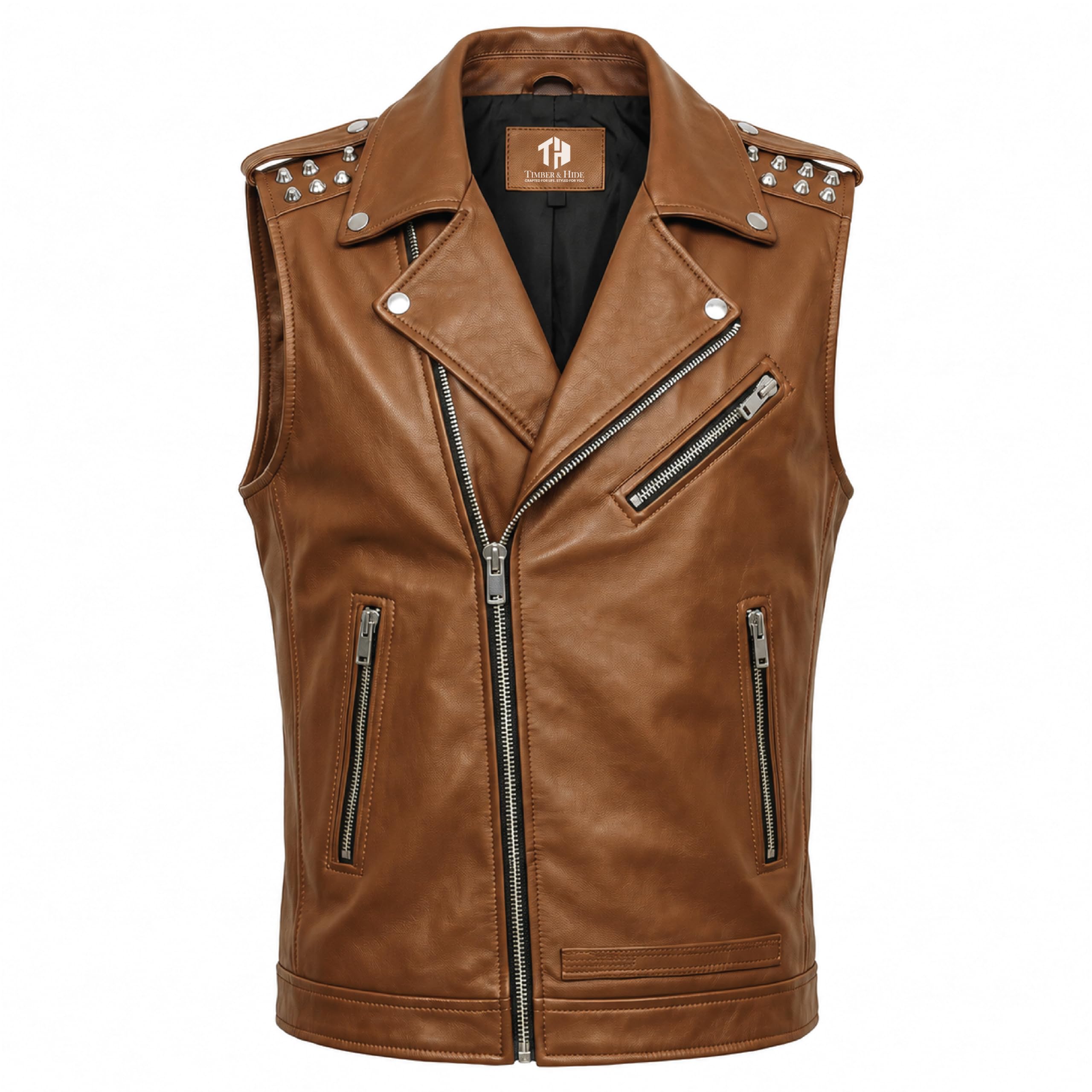 Timber AND Hide Men's Genuine Leather Motorcycle Biker Vest – Classic Double Rider Style with Studded Shoulders