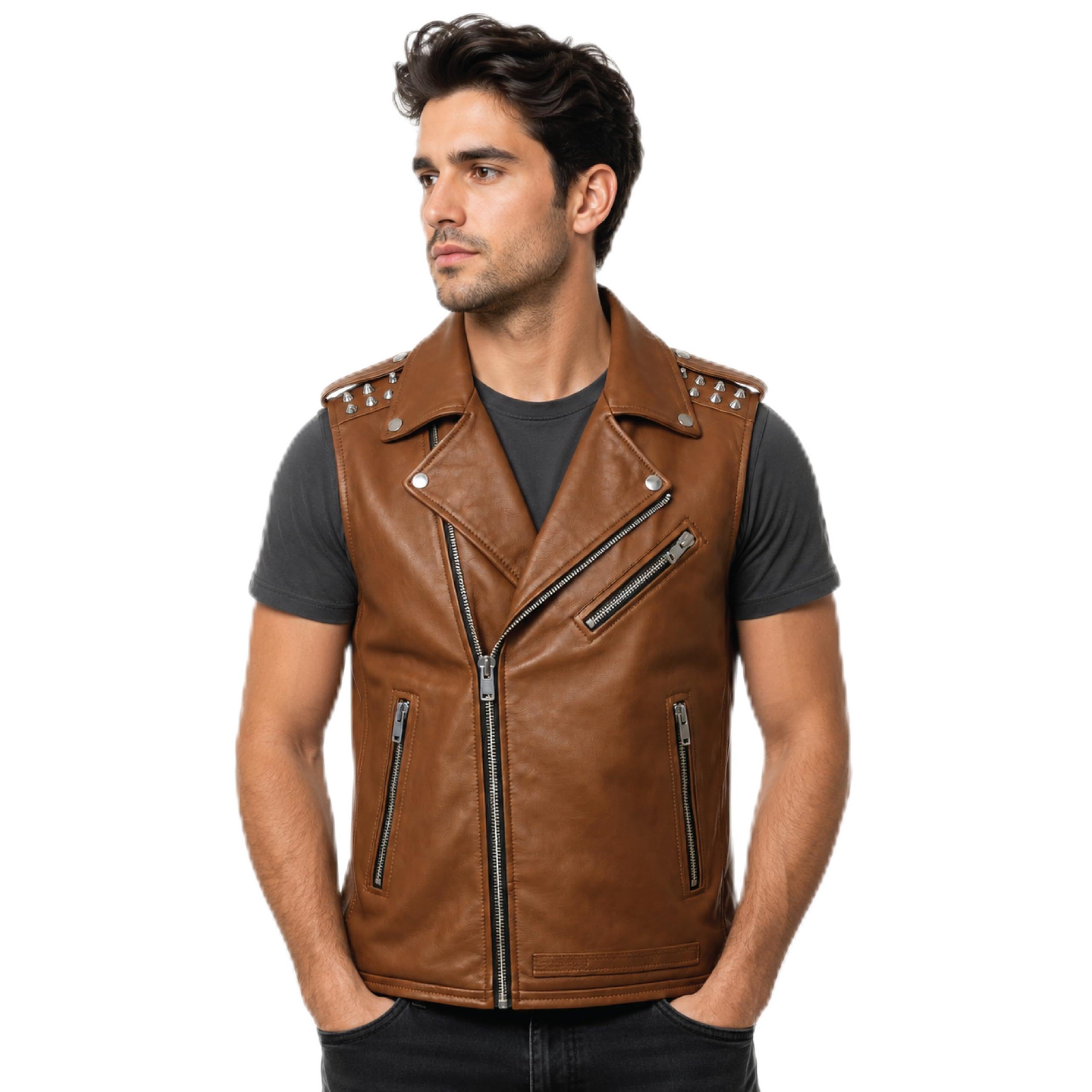 Timber AND Hide Men's Genuine Leather Motorcycle Biker Vest – Classic Double Rider Style with Studded Shoulders
