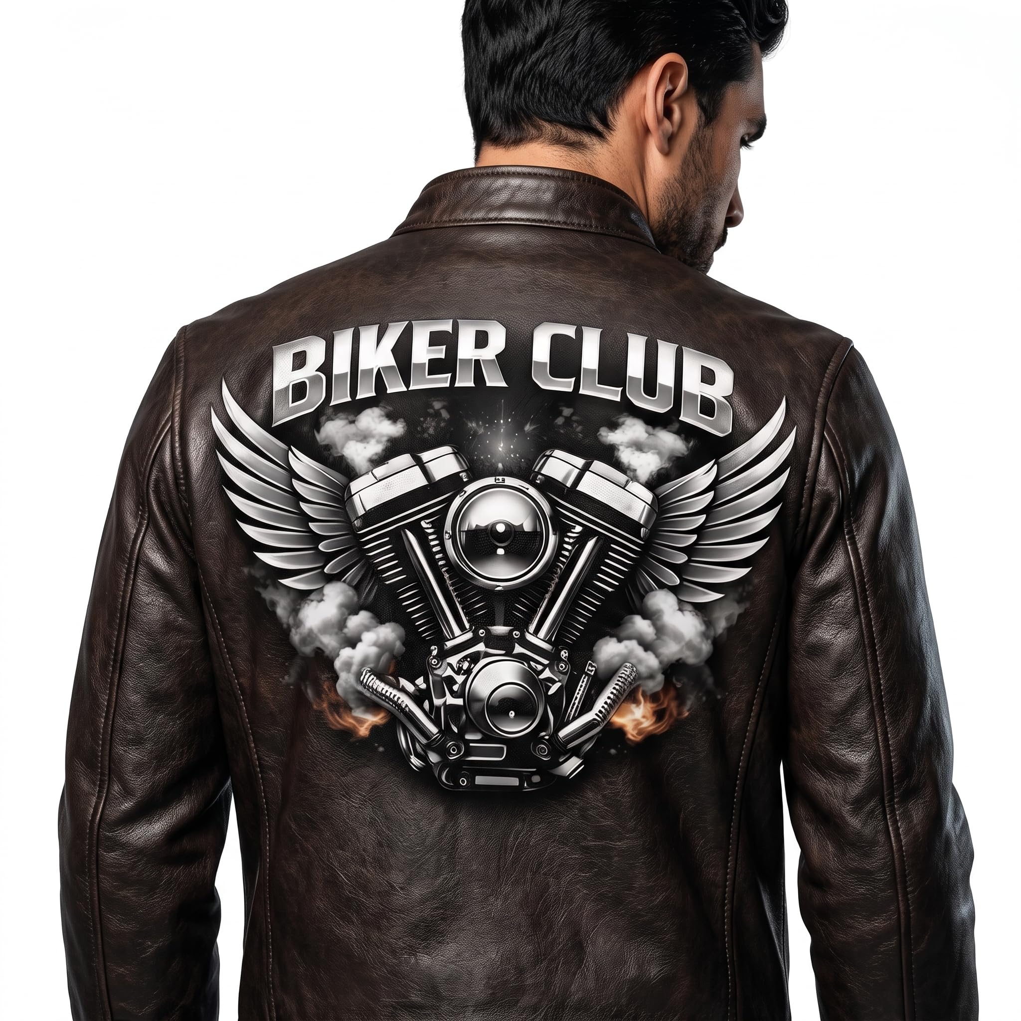 Men's Biker Club V-Twin Engine Leather Jacket - Winged Motor Graphic Cafe Racer