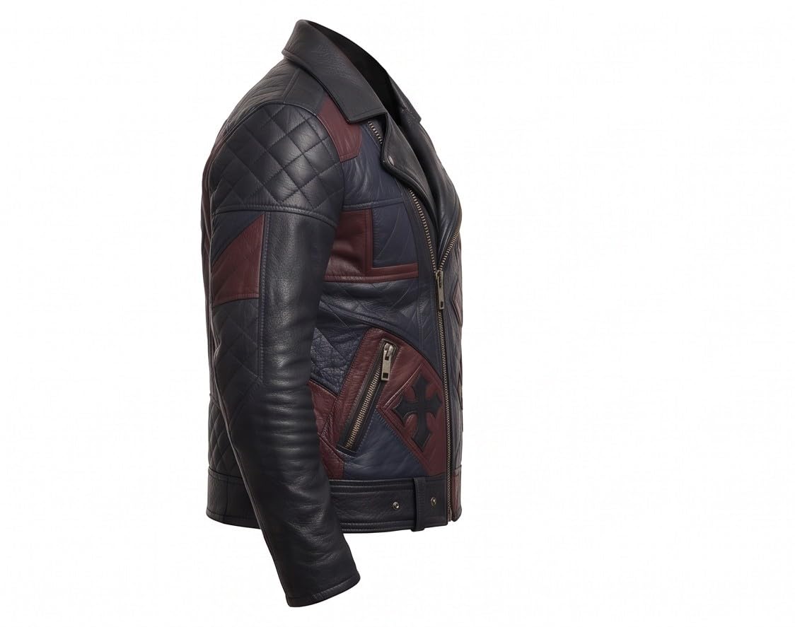 Men’s Black Leather Biker style Moto jacket with Cross Design Gothic Punk Motorcycle Style