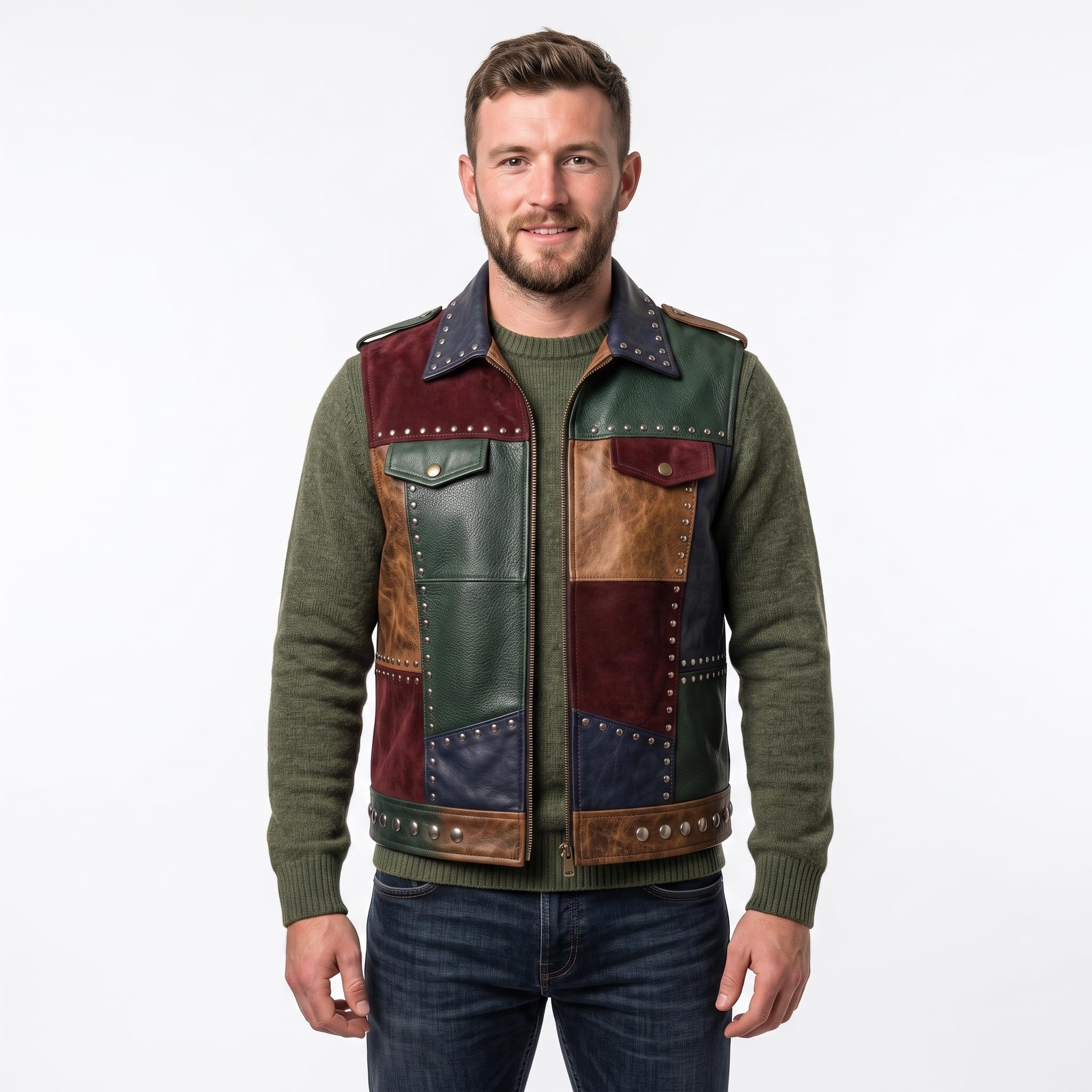 Men's Patch Leather Vest | Printed Leather Jacket | Handmade Patchwork Leather Vest | Studded Biker Vest
