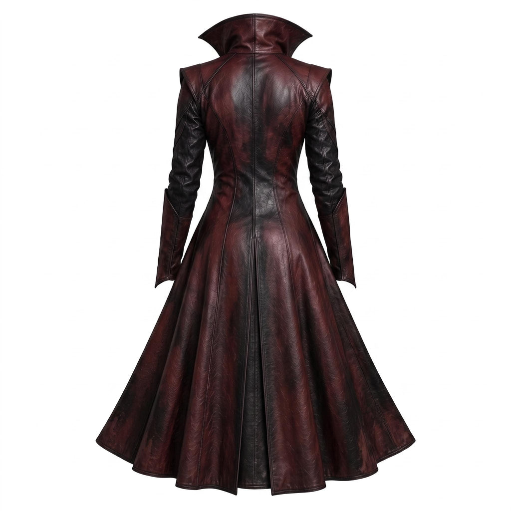 Women's Gothic Vampire Queen Burgundy Leather Trench Coat