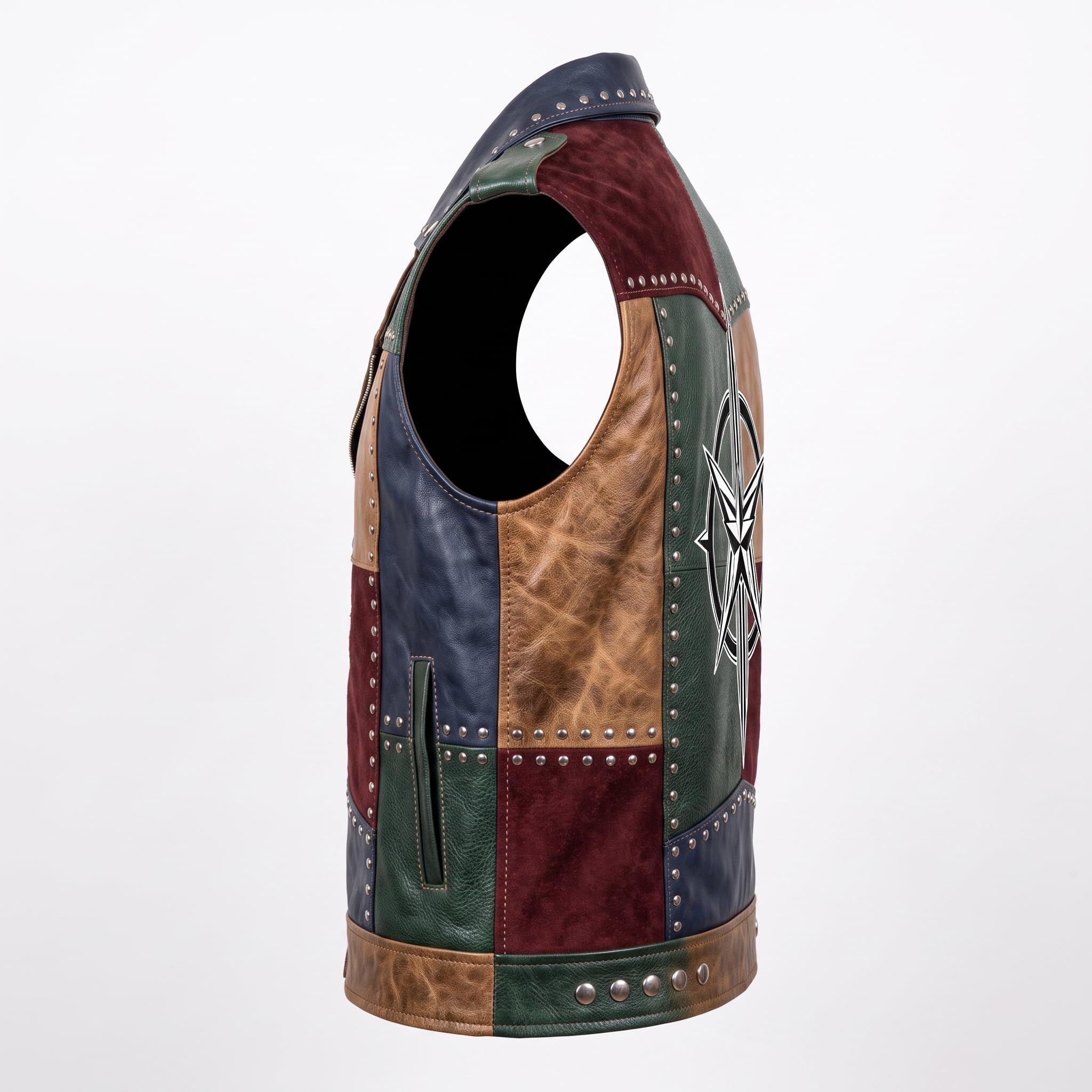 Men's Patch Leather Vest | Printed Leather Jacket | Handmade Patchwork Leather Vest | Studded Biker Vest