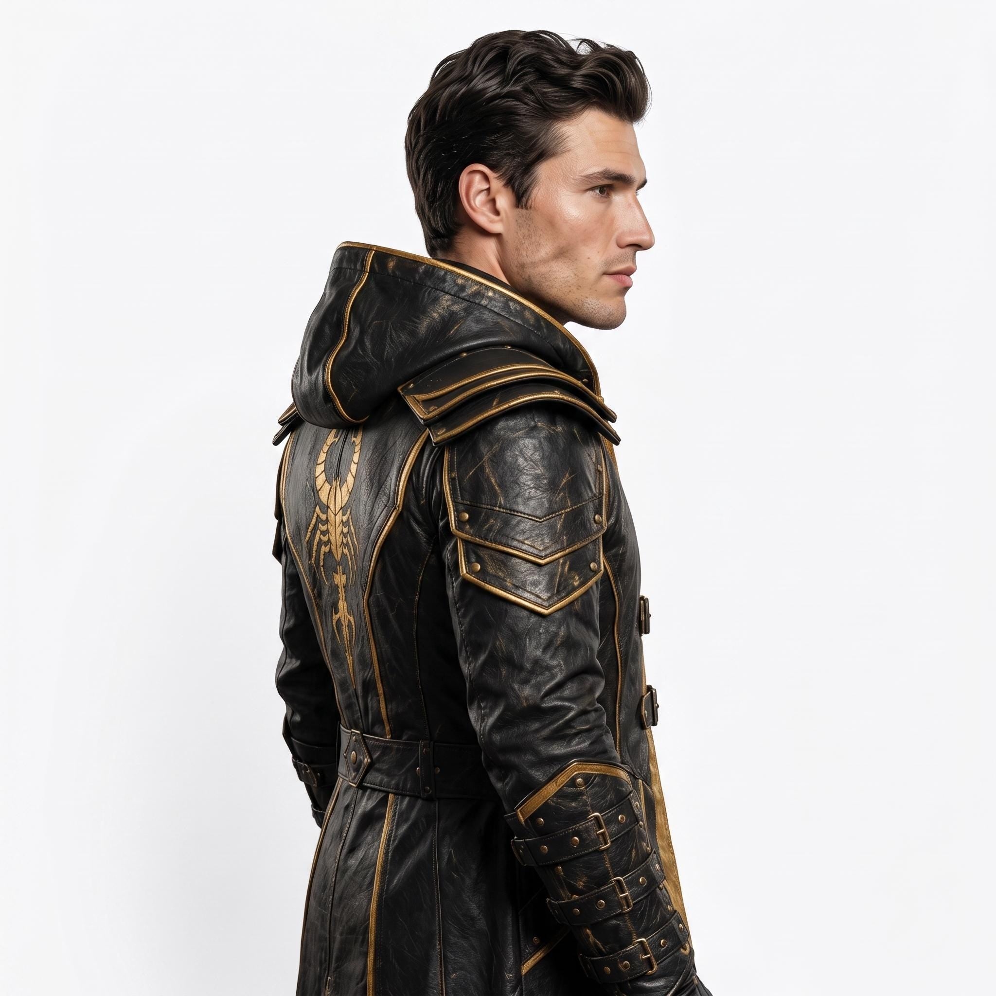 Men's Scorpion Leather Hooded Coat | Black Gold Armor Cosplay Jacket | Fantasy LARP Outfit