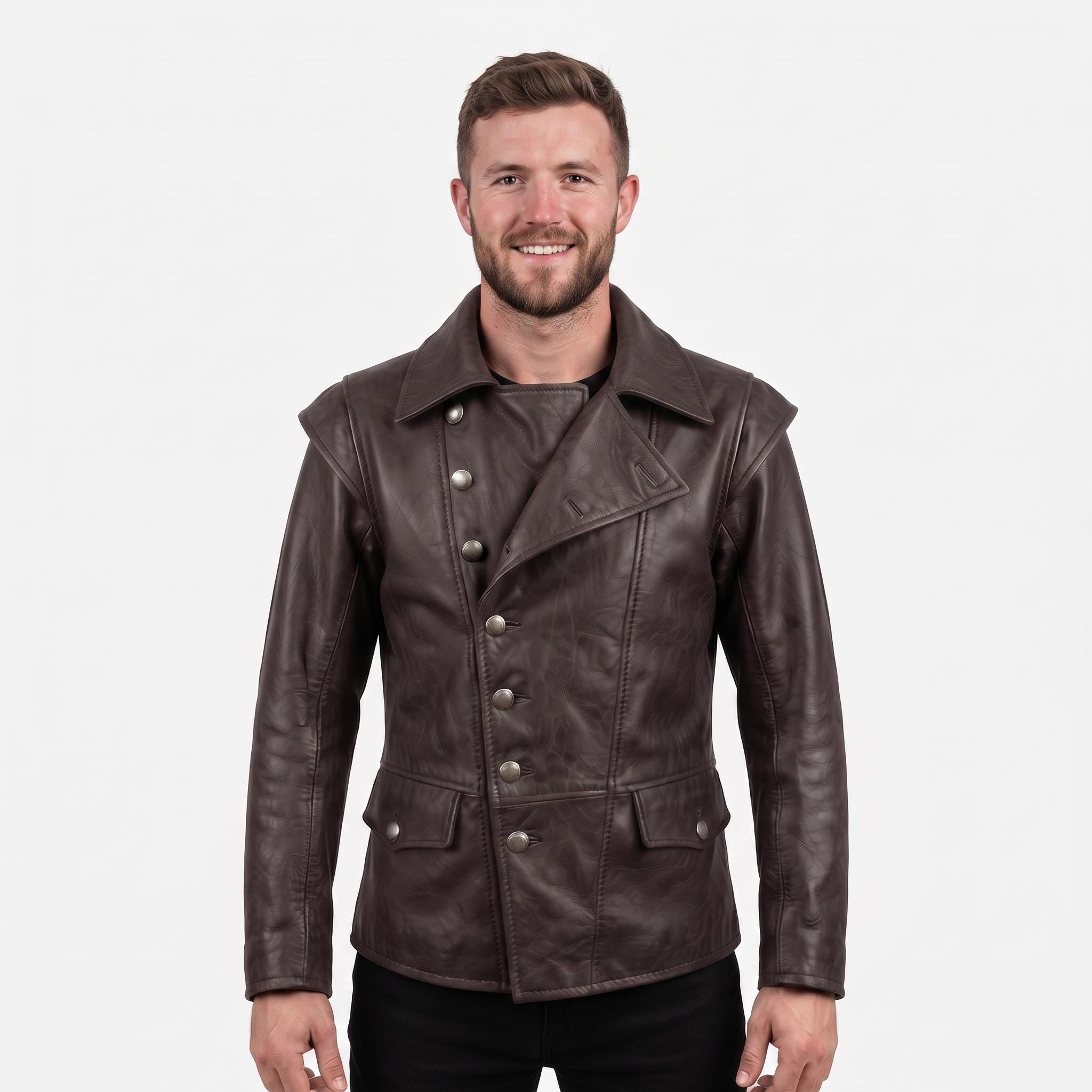 Men's Navy Blue Asymmetrical Military Leather Jacket – Handmade Blazer Coat