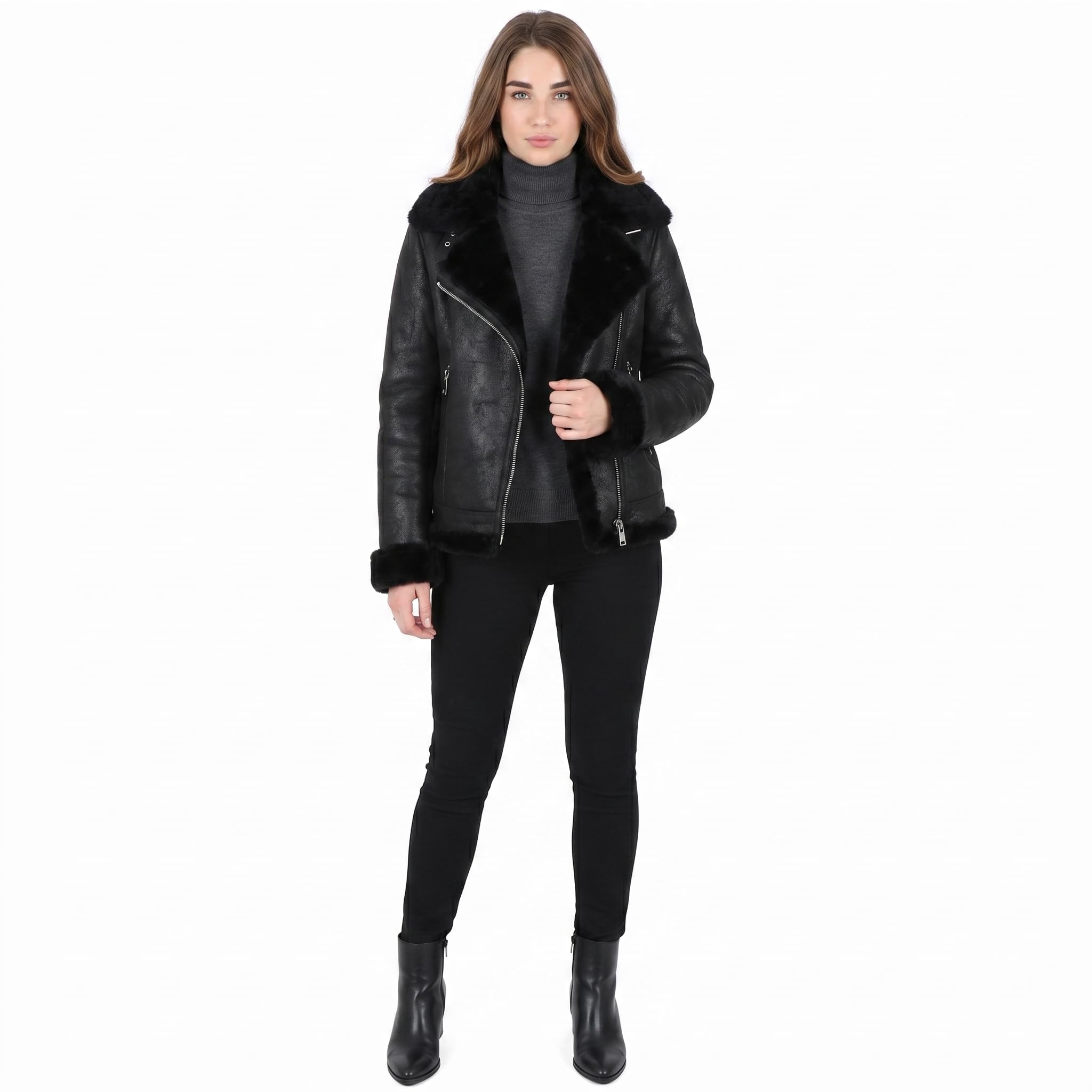 Women's Luxury Shearling Aviator Jacket Black/brissa