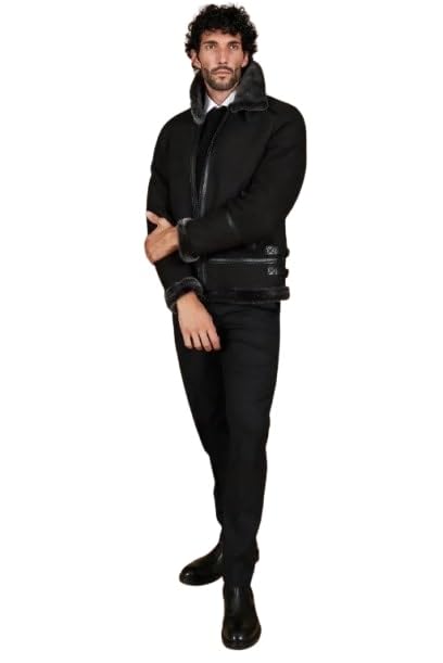 Men's Peter Black Suede Lamb Shearling Biker Jacket with Buckle Collar – Suede Shearling Jacket