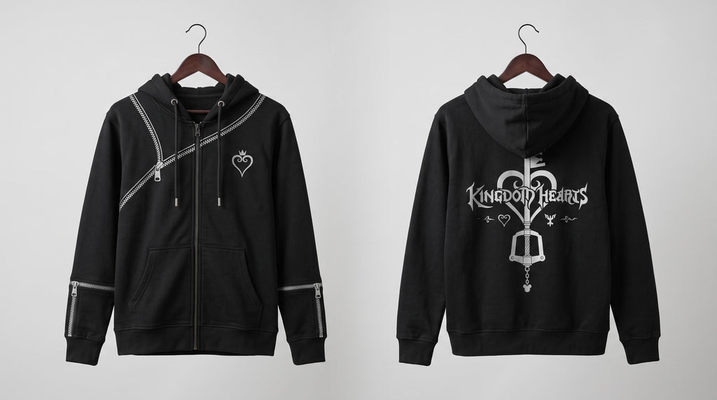 Women's Kingdom Hearts Black Zip-Up Hoodie | Fleece Gaming Sweatshirt | Keyblade Graphic Cosplay Jacket
