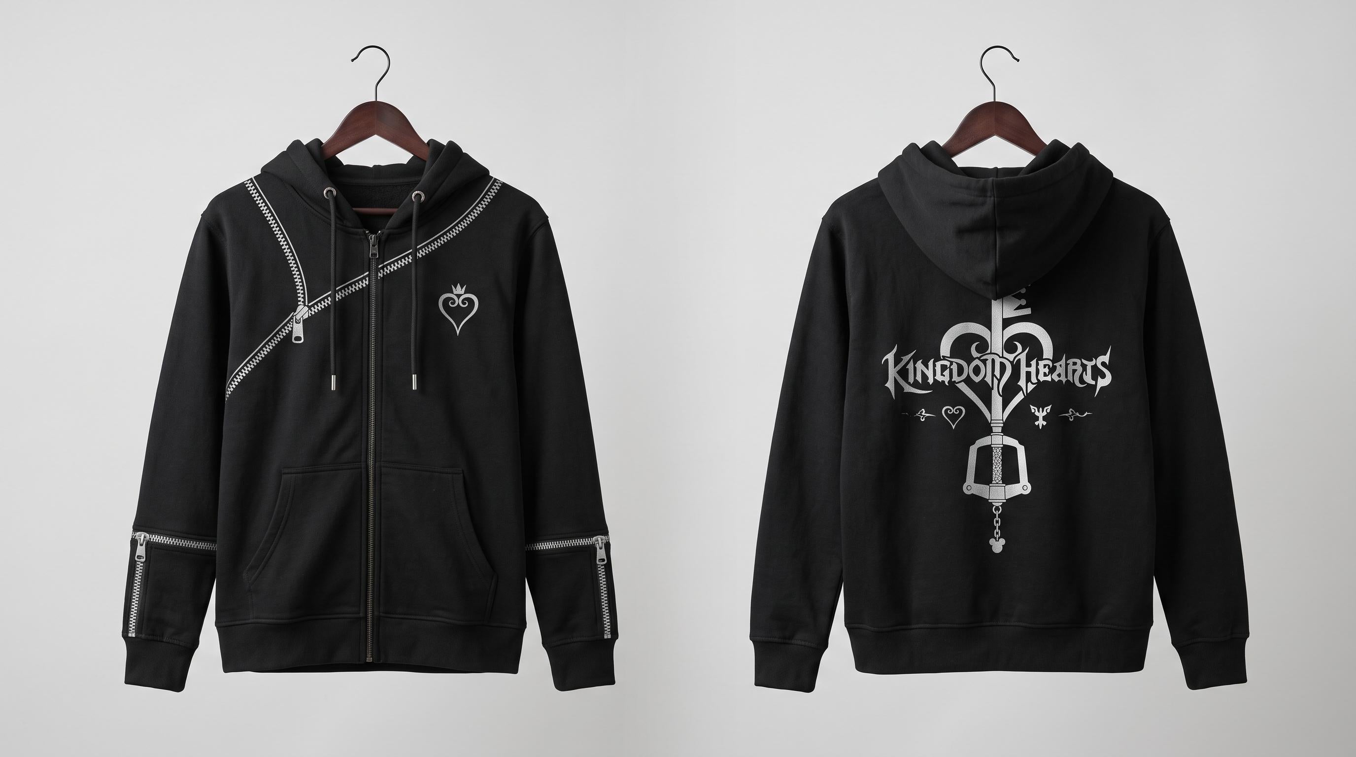Women's Kingdom Hearts Black Zip-Up Hoodie | Fleece Gaming Sweatshirt | Keyblade Graphic Cosplay Jacket