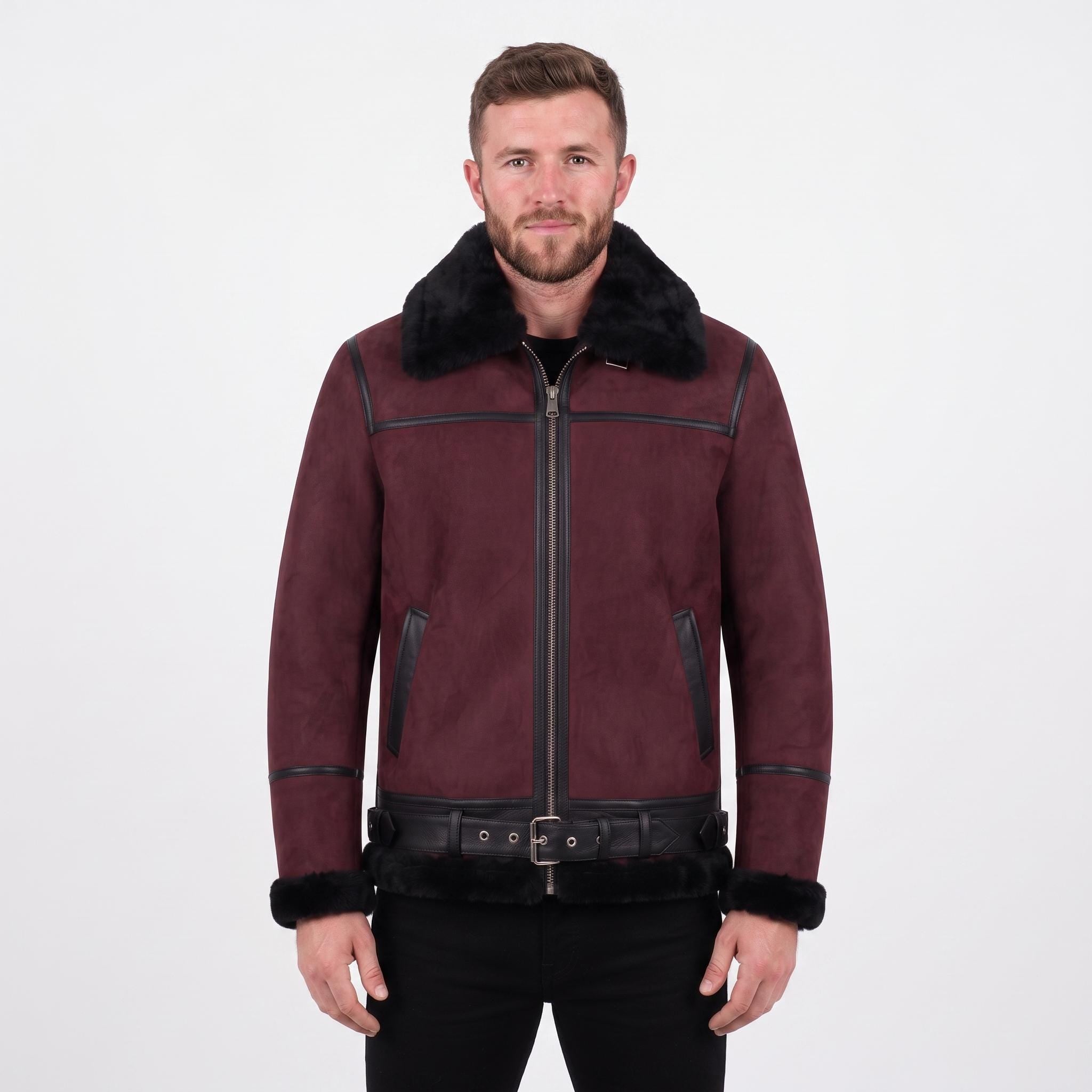 Men's Suede Shearling Aviator Jacket, Brown Leather Trim Biker Style