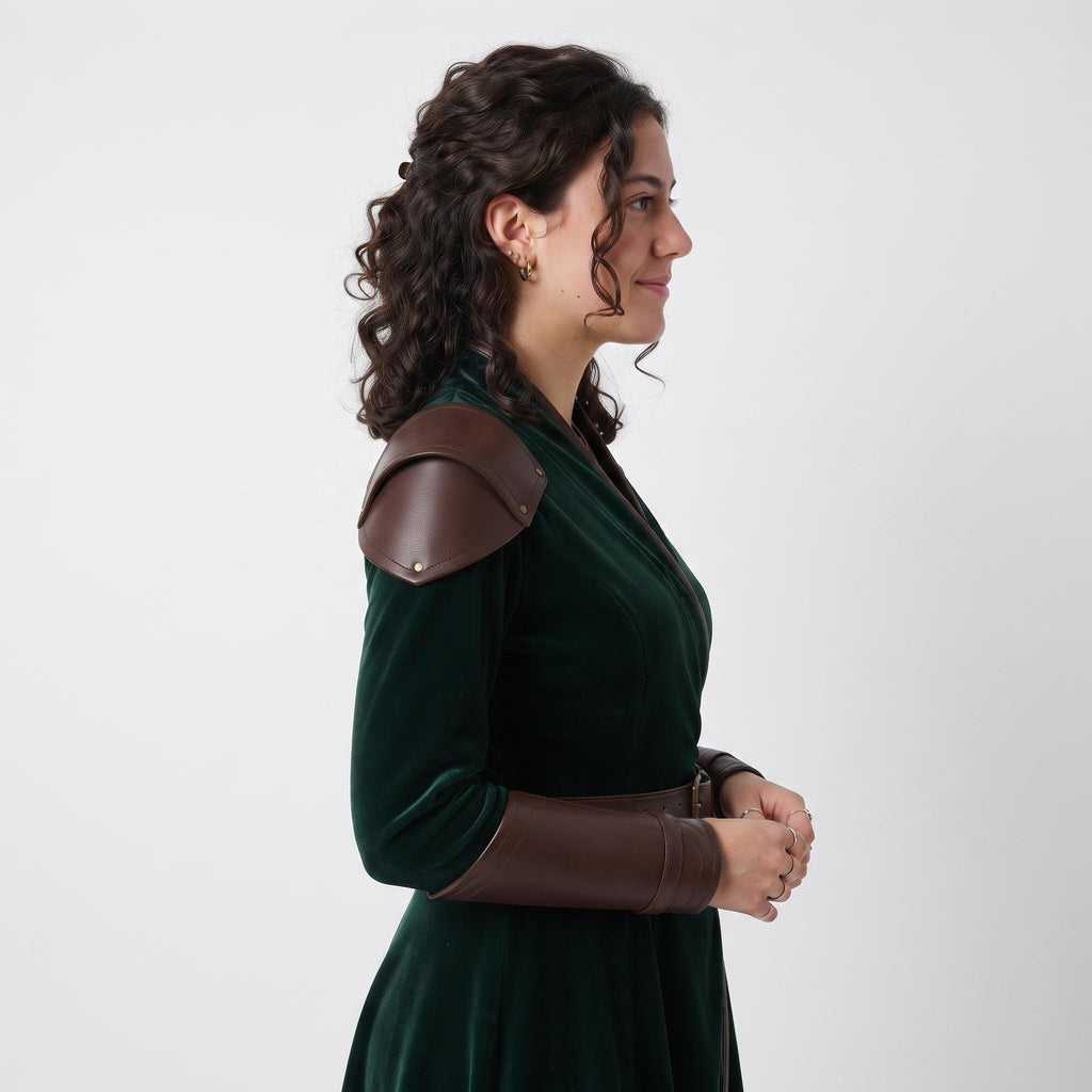 Women's Velvet Wrap Coat Dress with Leather Armor Trim, Fantasy Cosplay Outfit
