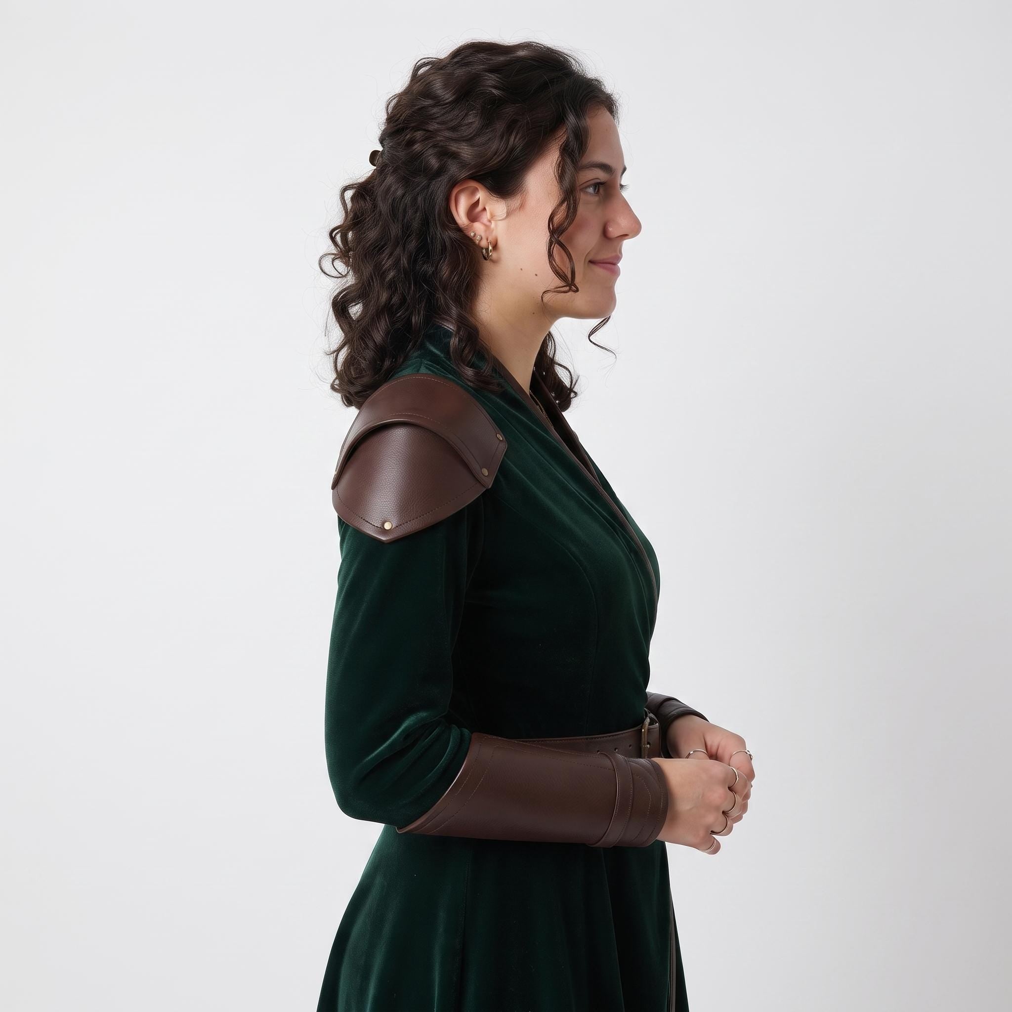 Women's Velvet Wrap Coat Dress with Leather Armor Trim, Fantasy Cosplay Outfit