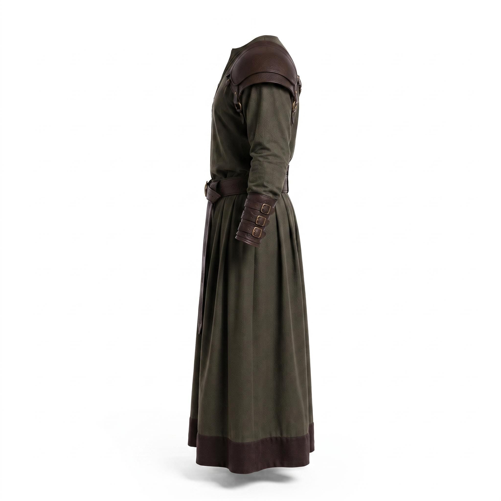 Men's Medieval Warrior Robe with Leather Shoulder Armor, Viking Tunic Costume, Fantasy Knight Garment
