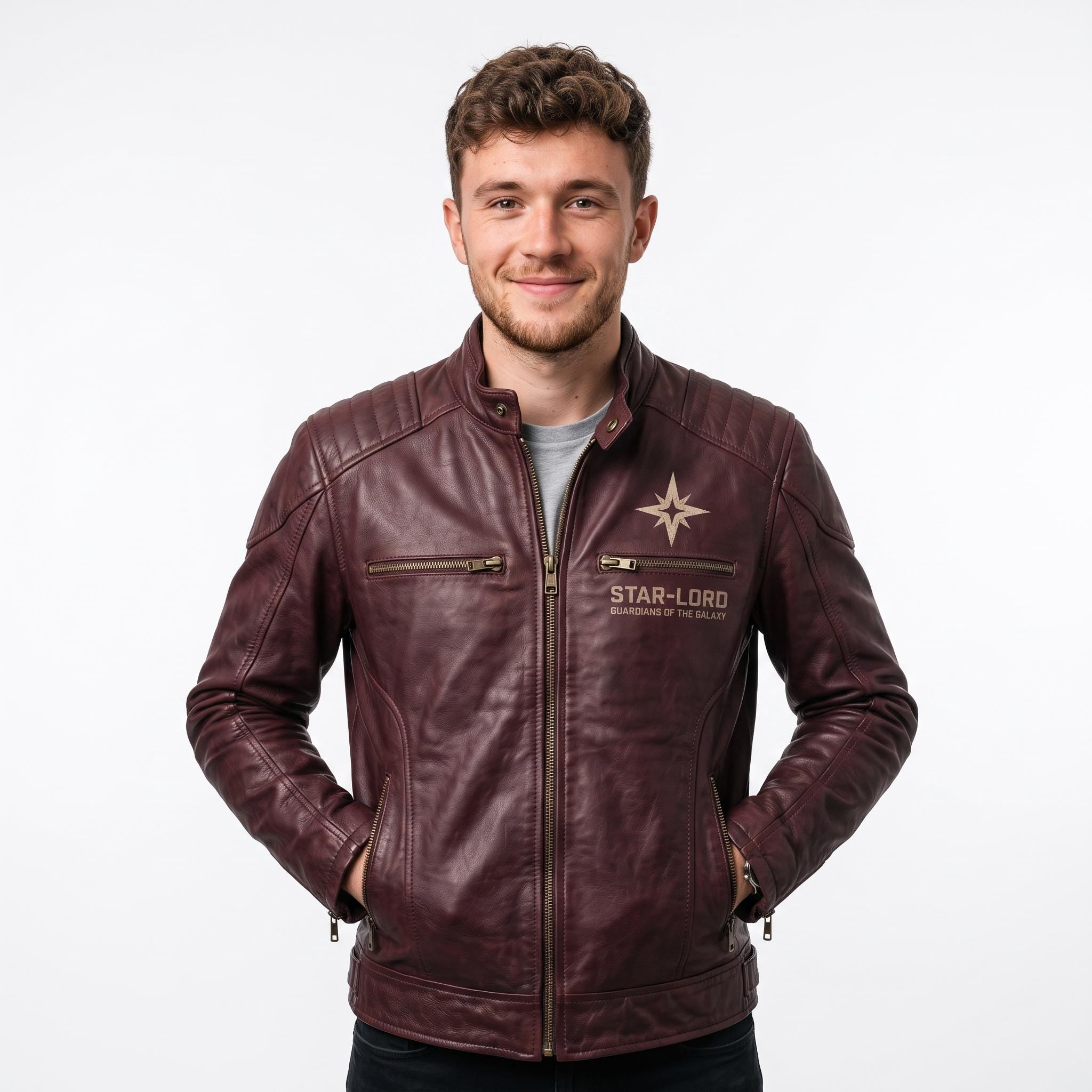 Men's Star-Lord Inspired Maroon Leather Jacket | Galactic Hero Cosplay Coat
