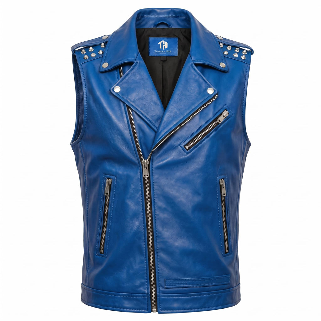 Timber AND Hide Men's Genuine Leather Motorcycle Biker Vest – Classic Double Rider Style with Studded Shoulders